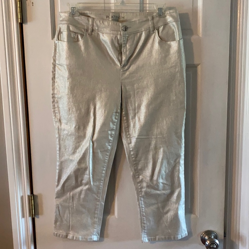 Metallic silver cropped jeans